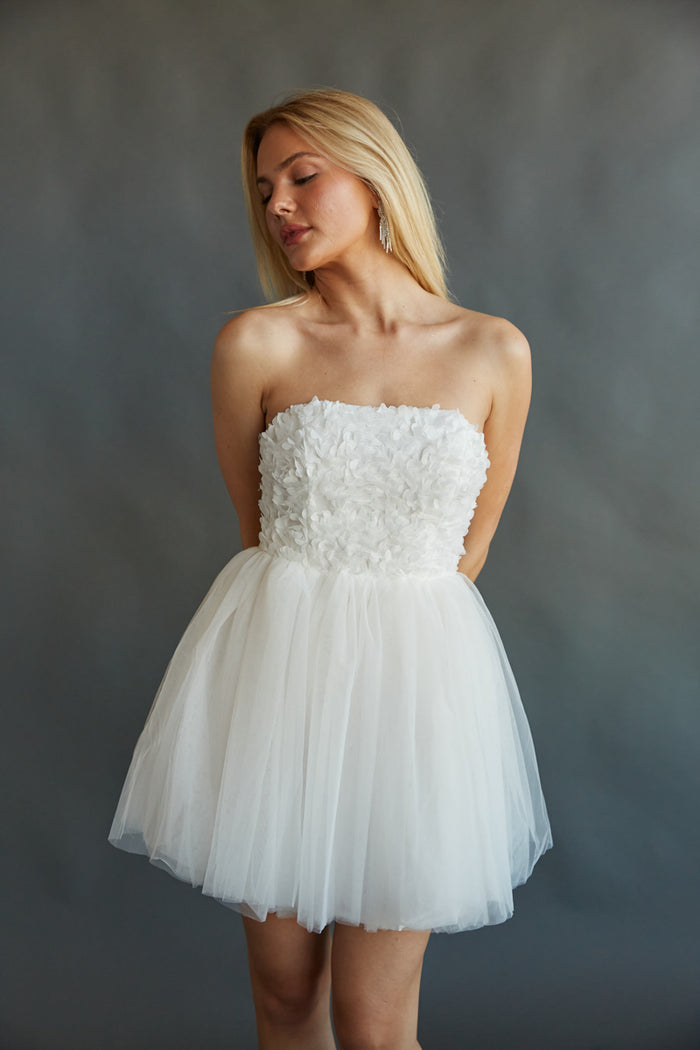 white floral bodice fit and flare mini dress with a line fit | bridal mini dress boutique