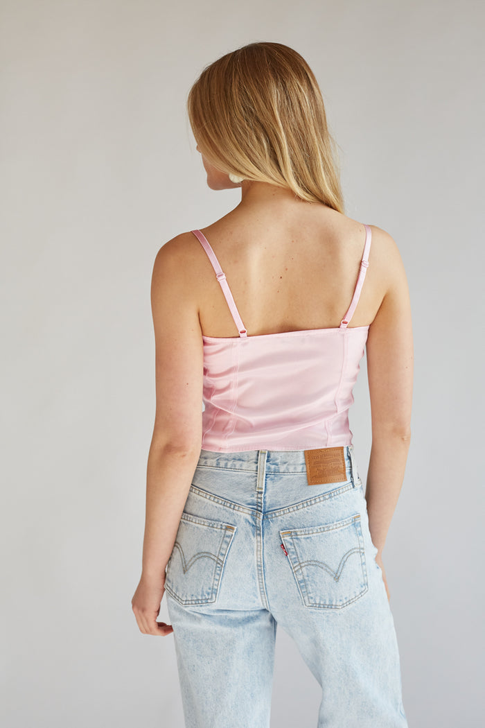 back view satin corset top for women - light pink silky material