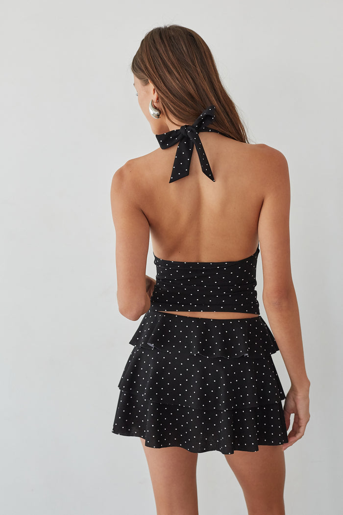 Back-image | Polka Dot Halter Top | back view highlighting the halter neck design and layered ruffled skirt.