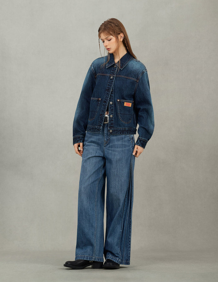 Gradient Print Loose Fit Washed Denim Jacket