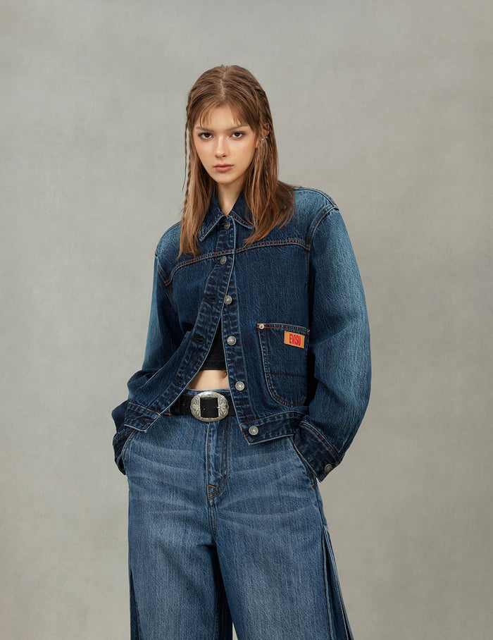 Gradient Print Loose Fit Washed Denim Jacket
