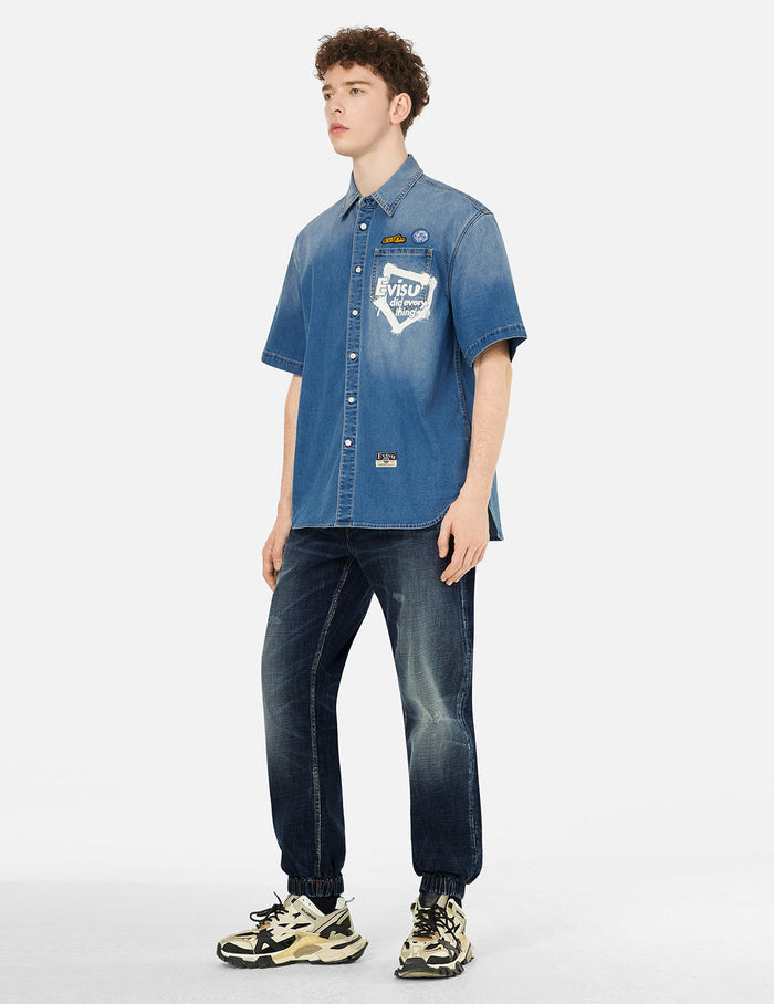 Graffiti Daicock Print Relax Fit Denim Short-Sleeves Shirt