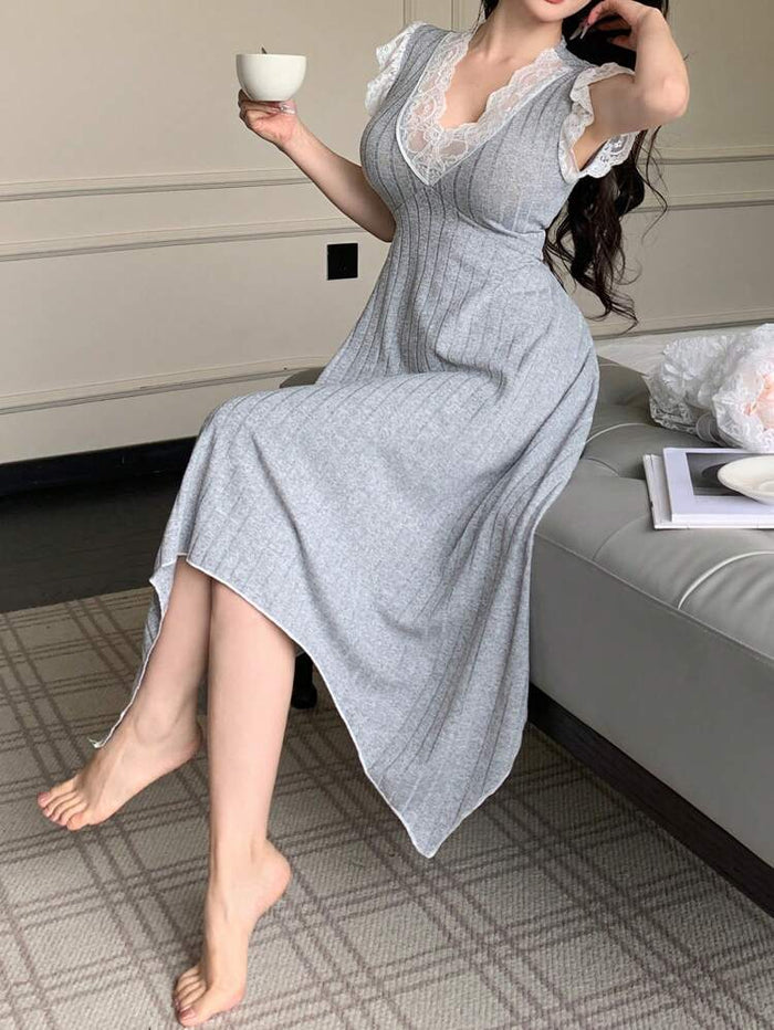 Gray Ribbed Lace Trim Nightdress – V Neck Flutter Sleeve Asymmetrical Sleep Dress for Women