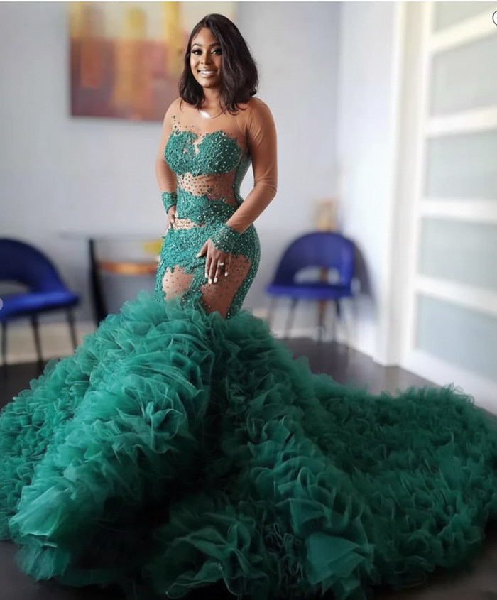 Green Beaded Mermaid Prom Dress