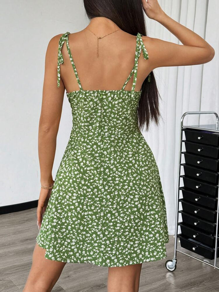 Green Floral Tie Strap Mini Dress – Sleeveless Fit & Flare Summer Dress for Women
