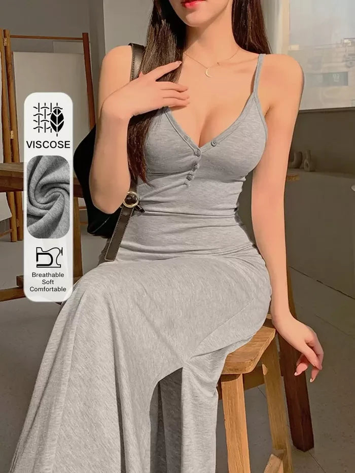 Grey V-Neck Button Front Cami Maxi Dress – Soft Viscose Slim Fit Lounge Dress for Women