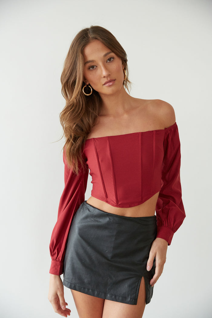 wine puff sleeve corset top