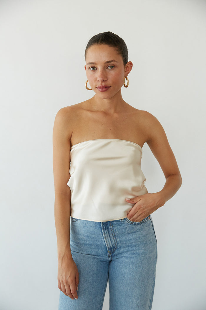 front view | ivory champagne strapless open back satin going out top