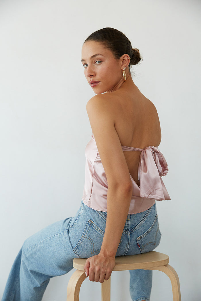 back view | rose gold strapless open back satin going out top