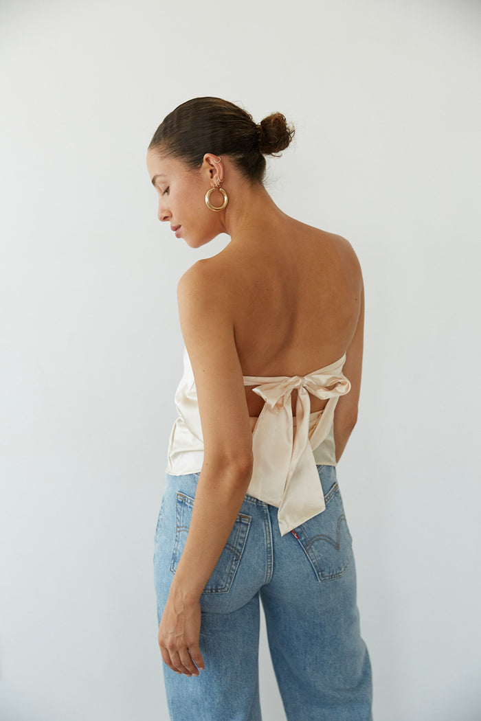 back view | ivory strapless open back satin going out top