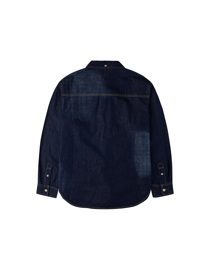 Handbrush Houndstooth Print Relax Fit Denim Shirt