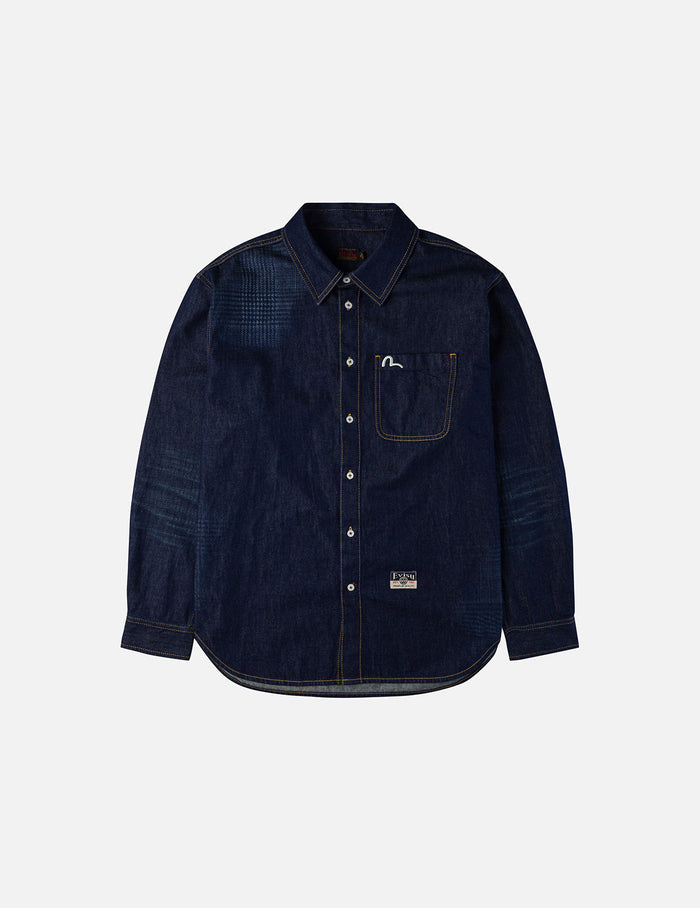 Handbrush Houndstooth Print Relax Fit Denim Shirt