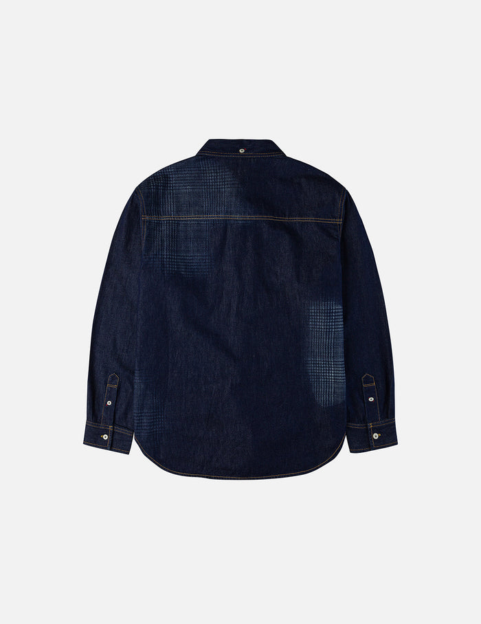 Handbrush Houndstooth Print Relax Fit Denim Shirt