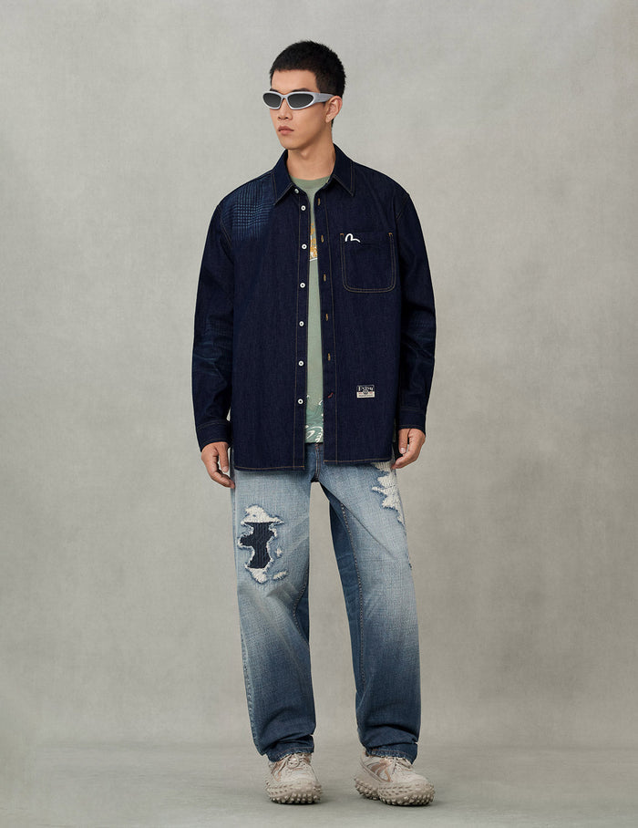 Handbrush Houndstooth Print Relax Fit Denim Shirt