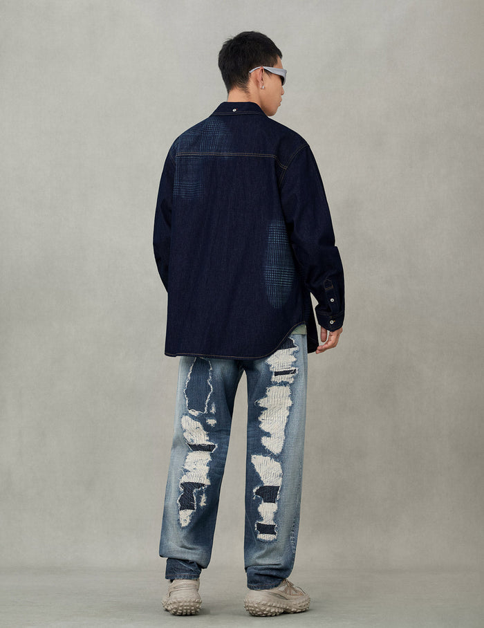 Handbrush Houndstooth Print Relax Fit Denim Shirt