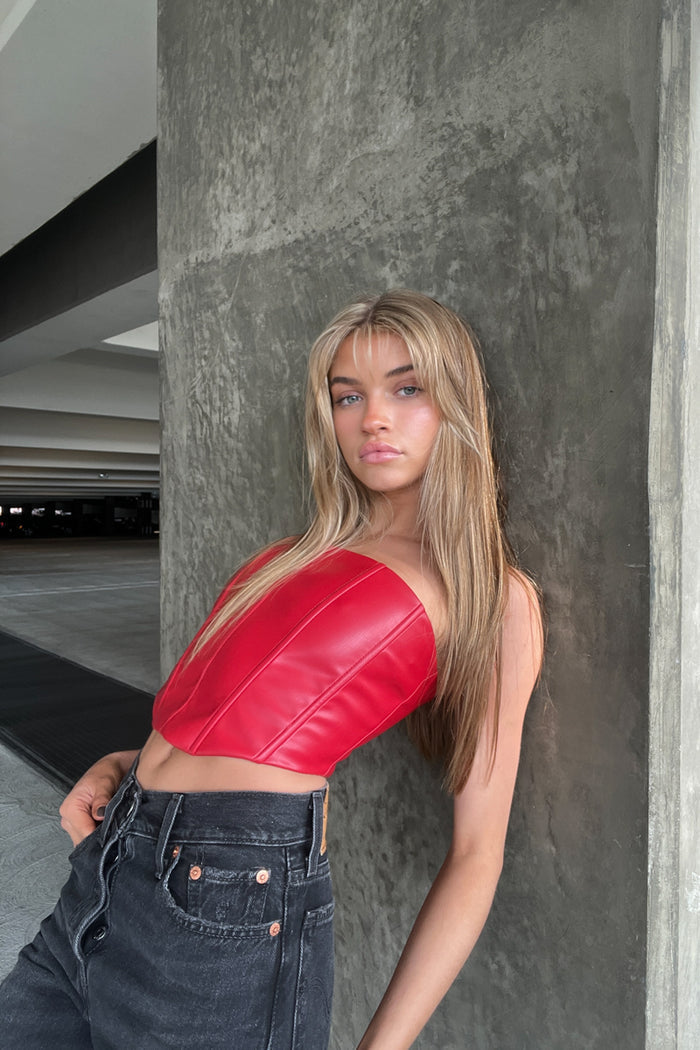 red vegan faux leather corset top