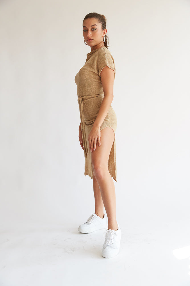 Beige knit waist tie dress