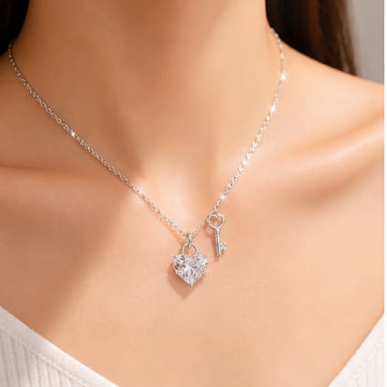 Heart Necklace with Key Pendant – Silver Crystal Charm Necklace for Women