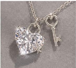 Heart Necklace with Key Pendant – Silver Crystal Charm Necklace for Women