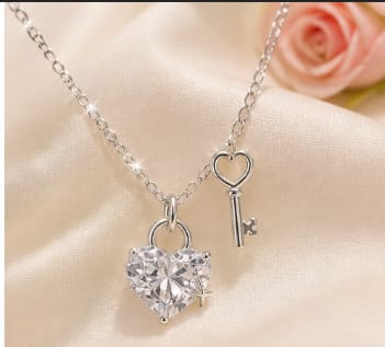 Heart Necklace with Key Pendant – Silver Crystal Charm Necklace for Women