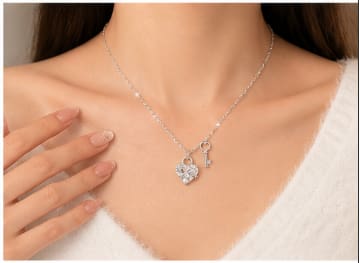 Heart Necklace with Key Pendant – Silver Crystal Charm Necklace for Women