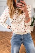Heart Print Round Neck Long Sleeve Regular Fit Sweatshirt – Beige