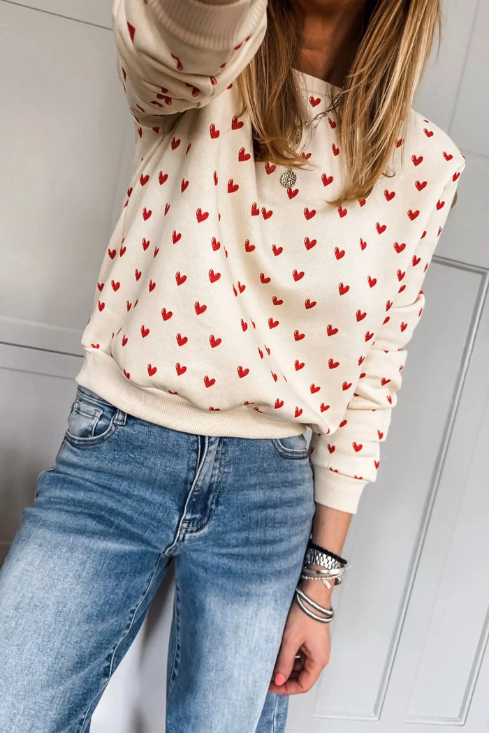 Heart Print Round Neck Long Sleeve Regular Fit Sweatshirt – Beige