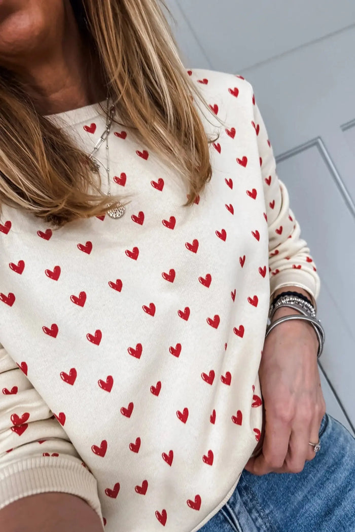 Heart Print Round Neck Long Sleeve Regular Fit Sweatshirt – Beige