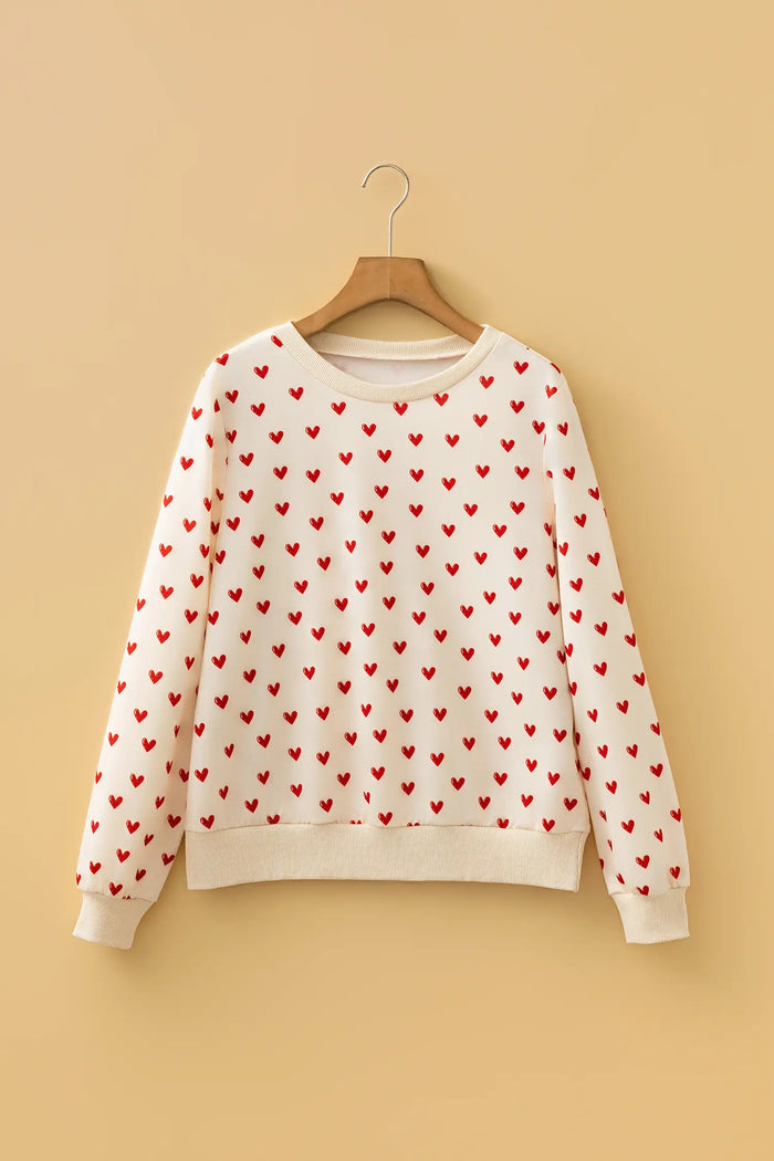 Heart Print Round Neck Long Sleeve Regular Fit Sweatshirt – Beige