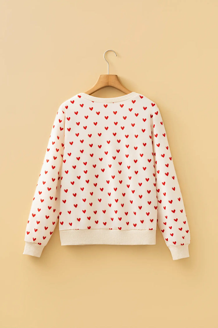 Heart Print Round Neck Long Sleeve Regular Fit Sweatshirt – Beige