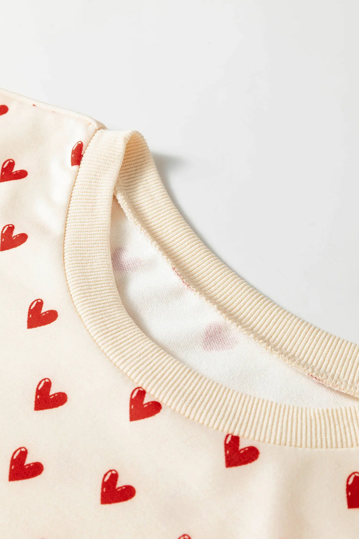 Heart Print Round Neck Long Sleeve Regular Fit Sweatshirt – Beige