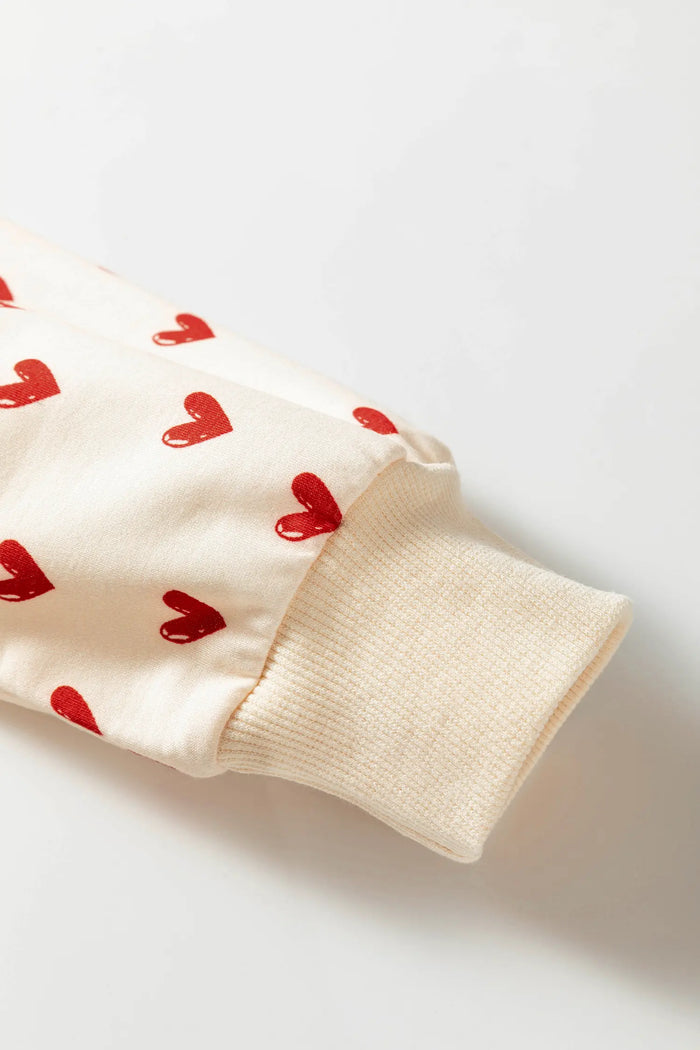 Heart Print Round Neck Long Sleeve Regular Fit Sweatshirt – Beige