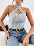 Heather Gray Cross Halter Knit Top – Ribbed Sleeveless Fitted Tank – Cut Out Neck Slim Fit Style