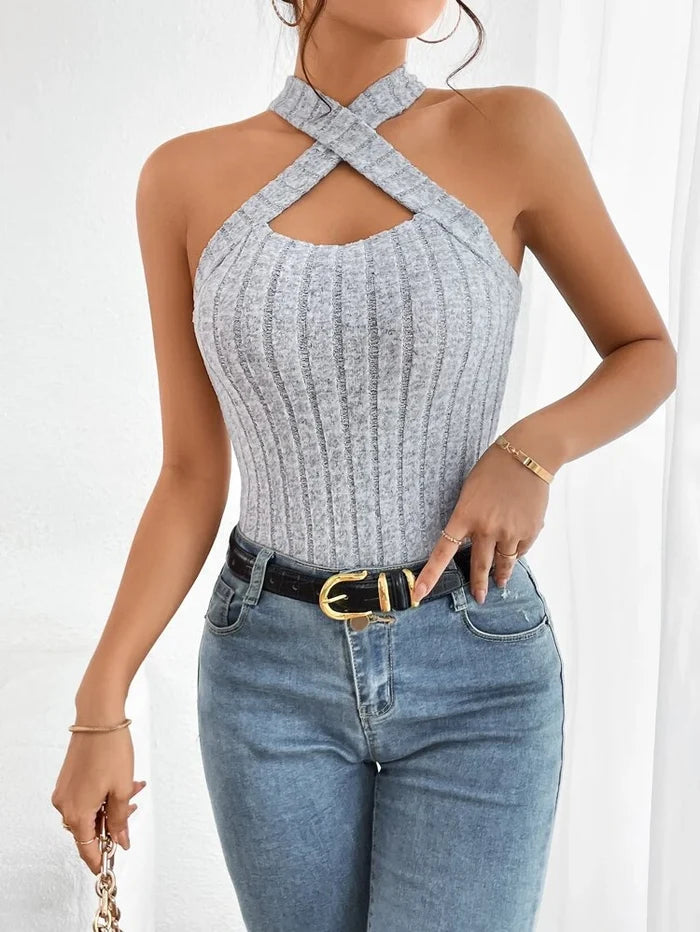 Heather Gray Cross Halter Knit Top – Ribbed Sleeveless Fitted Tank – Cut Out Neck Slim Fit Style