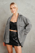black and white houndstooth oversized shacket - houndstooth jacket outfit ideas