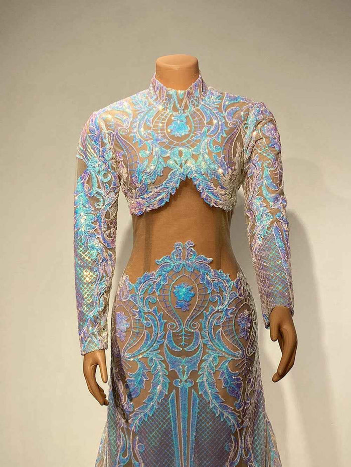 High Neck Long Sleeve Sparkly Colorful Sequined Mermaid Prom Gala Gowns