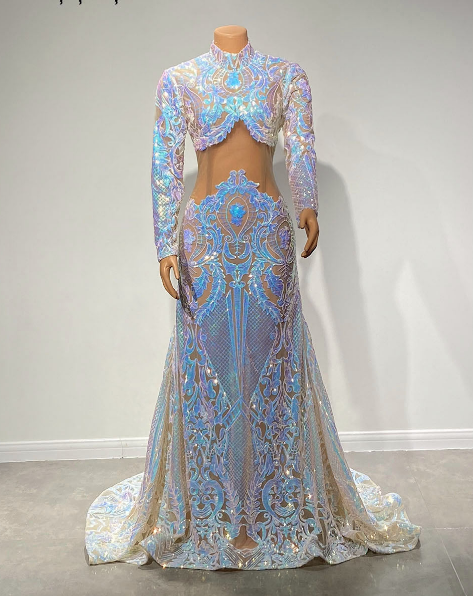 High Neck Long Sleeve Sparkly Colorful Sequined Mermaid Prom Gala Gowns - Envious Designs