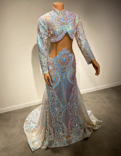 High Neck Long Sleeve Sparkly Colorful Sequined Mermaid Prom Gala Gowns - Envious Designs