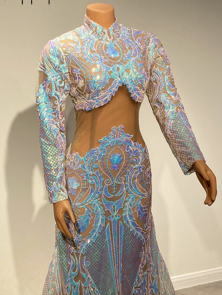 High Neck Long Sleeve Sparkly Colorful Sequined Mermaid Prom Gala Gowns