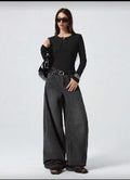 High Waist Wide Leg Dark Grey Jeans – Oversized Loose Fit Denim Pants for Women