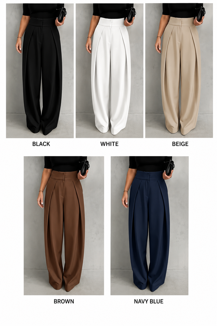 high-waisted, wide-leg trousers
