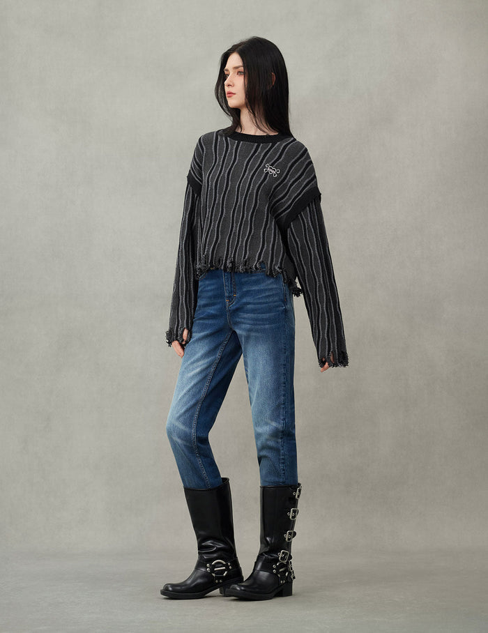 Hollow Fuzzy Cat and Seagull Embroidery Relax Fit Jeans