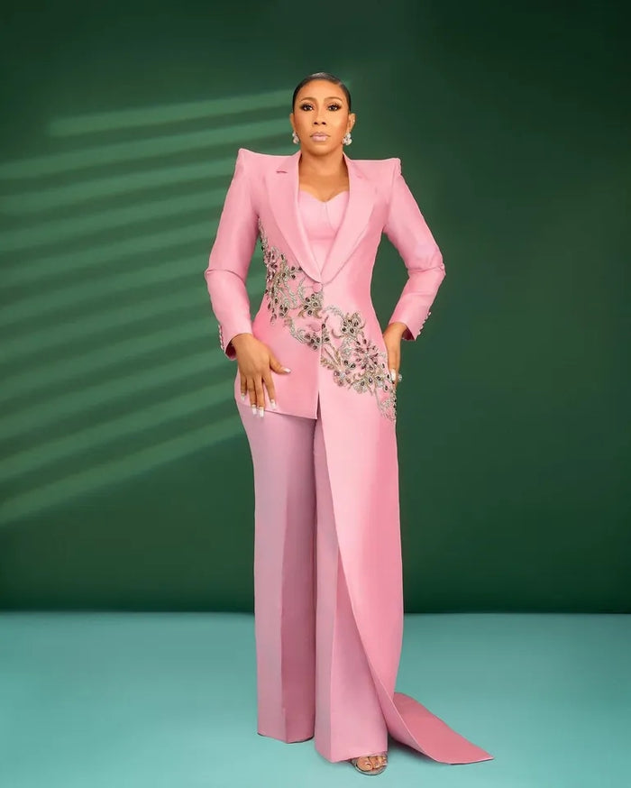 Hot Pink Women Suits 2 Pieces Slim Fit Crystal Beads - Envious Designs