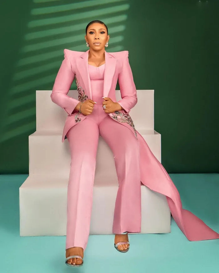 Hot Pink Women Suits 2 Pieces Slim Fit Crystal Beads - Envious Designs