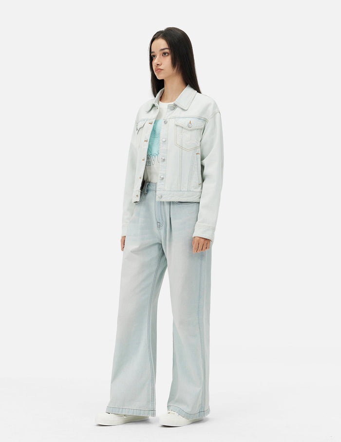Hummingbird and Magnolia Embroidery Loose Fit Quilted Denim Jacket