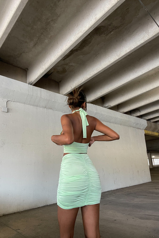 Back view of cinched halter skirt set