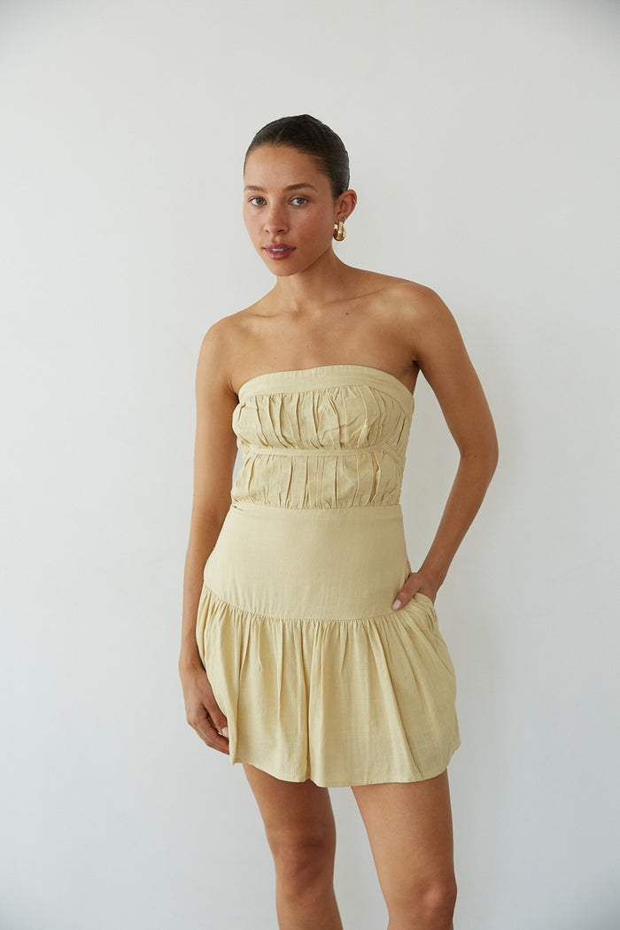 front view | yellow open back fit and flare linen mini dress