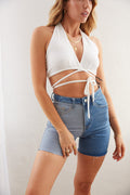 Front view of slinky halter wrap top