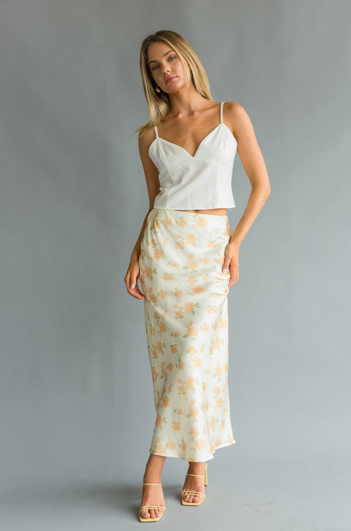 Front view | Yellow Floral satin Maxi Skirt | Brunch skirt