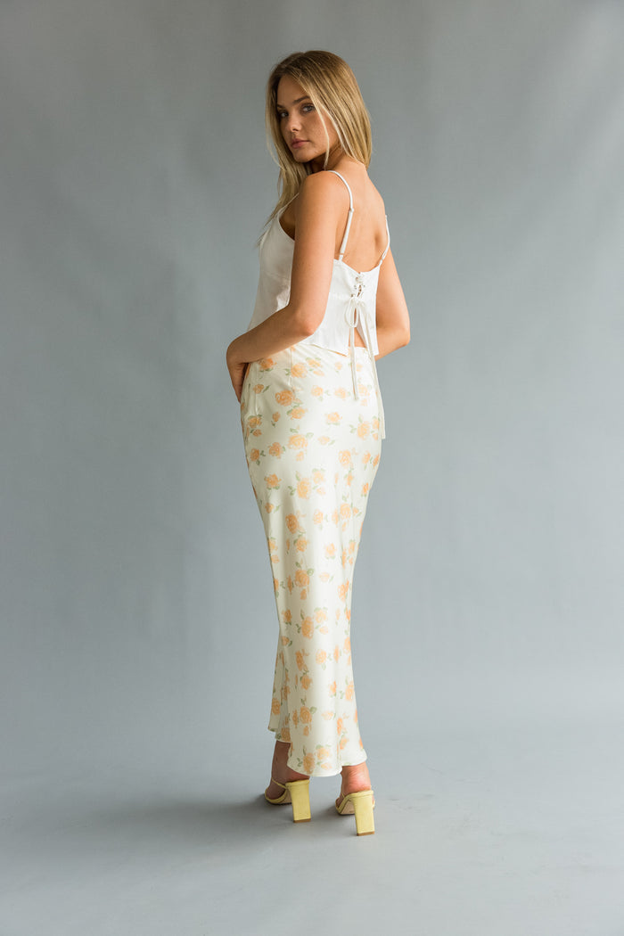 Back view | Yellow Floral satin Maxi Skirt | Brunch skirt